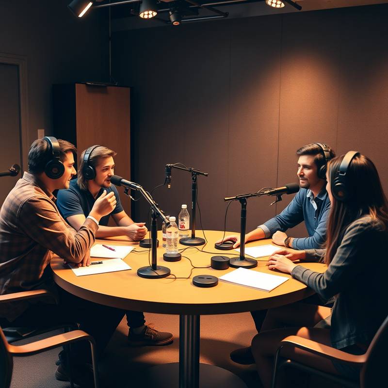 Pessoas gravando um podcast com microfones em uma mesa redonda.